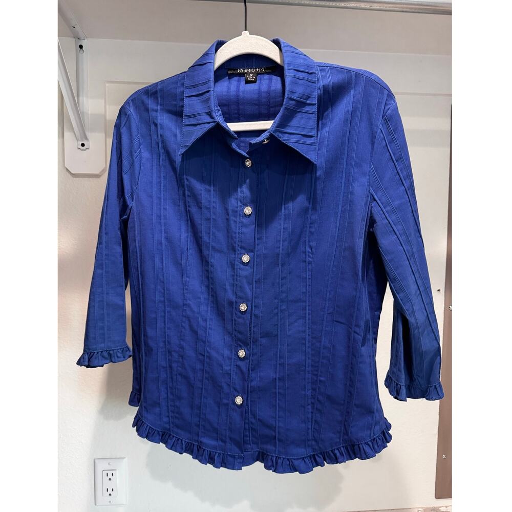 Insight Women's‎ Button Up Shirt Blue Size 12 Ruffle Blouse Collared